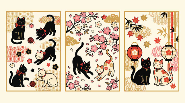 Japanese cat illustration collection featuring cute kittens with cherry blossoms and traditional cultural graphic patterns