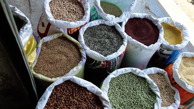 Market Bazaar Lentils and Grains Display: A vibrant and colorful collection of diverse legumes, seeds, and pulses presented in large open sacks at a traditional Indian grocery store.