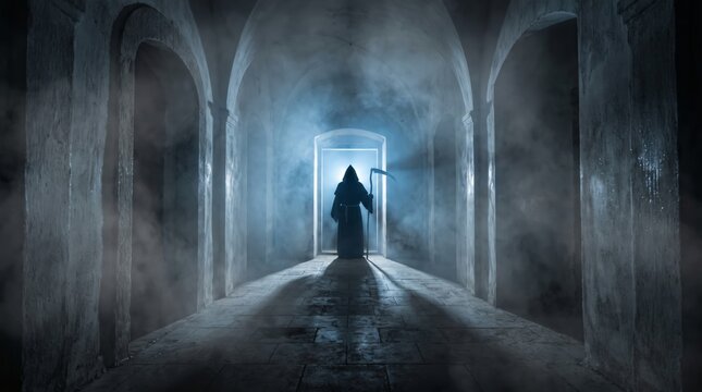 Hooded figure standing in arched stone corridor with mystical blue light