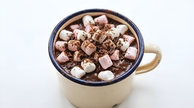 Hot Chocolate Mug Topped with Mini Marshmallows and Shaved Cocoa Powder Isolated on White Background
