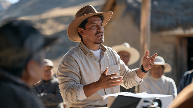 Peruvian entrepreneur presenting a blockchain based remittance platform prototype to a small village group using a projector, rural financial inclusion, cross border payment