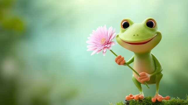 Smiling frog cartoon holding flower