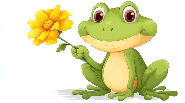 Smiling frog cartoon holding flower