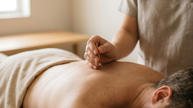Professional giving back massage therapy session.