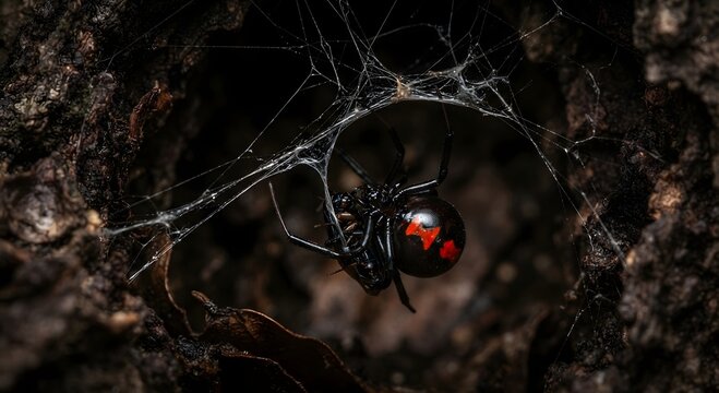 Close-up macro photograph of a Mediterranean black widow spider feeding on its prey, featuring a glossy black abdomen with a striking red hourglass marking against a dark background.