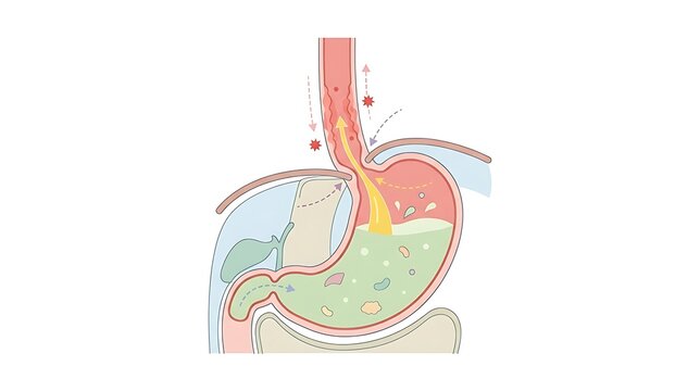 Educational medical diagram of gastroesophageal reflux disease (GERD) showing stomach acid irritating the esophagus