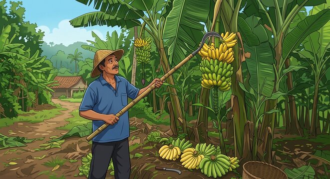 Cartoon Illustration of a Traditional Indonesian Farmer Harvesting Bananas in a Tropical Plantation