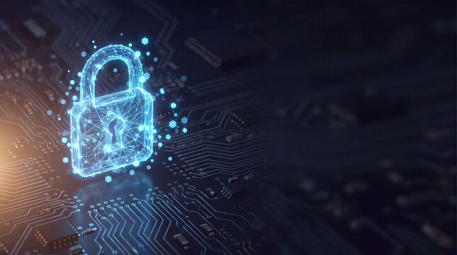 Glowing Digital Padlock on Circuit Board Background with copy space