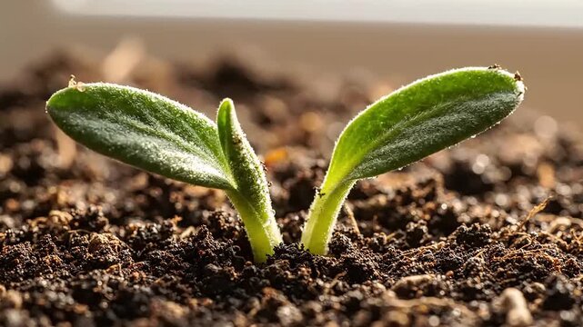 Macro View of a Young Green Sprout Emerging from Fertile Soil