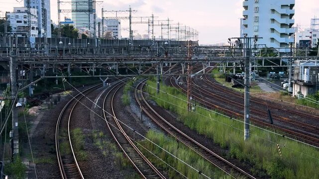 Multiple Freight Railway Lines Curving Through Nishi-Nippori in Tokyo