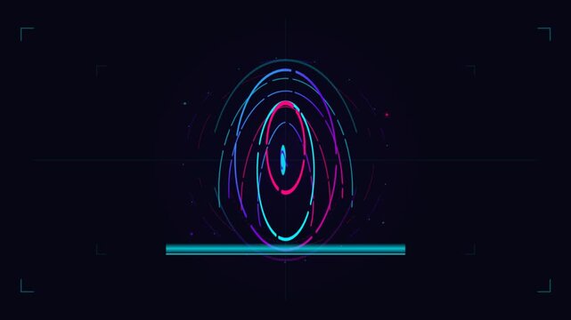 Futuristic digital HUD vector animation showing eye icon morphing into fingerprint scan interface with glowing neon lines on dark background