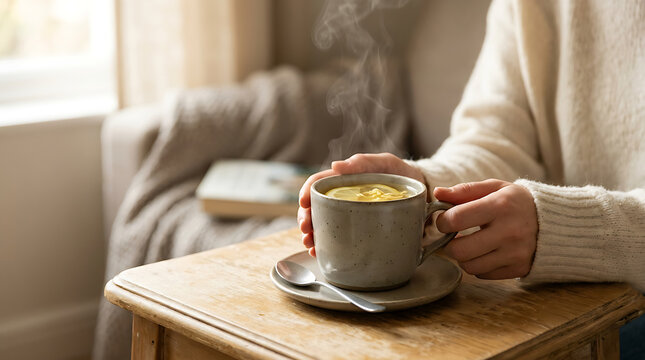 Woman Enjoying Warm Coffee On Wooden Table.