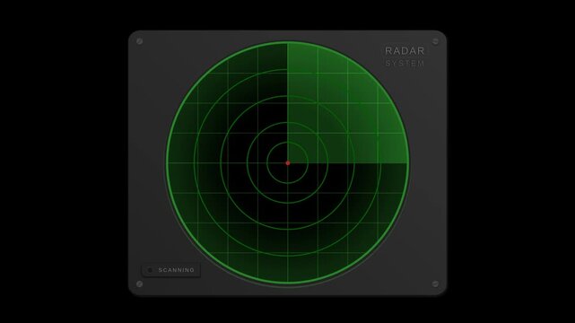 Military radar system instrument panel with rotating green scan beam animation, Radar System text, corner screws, and blinking Scanning button on black background for overlay.