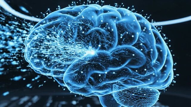 Futuristic digital brain with glowing neurons and data interface for neuroscience concept