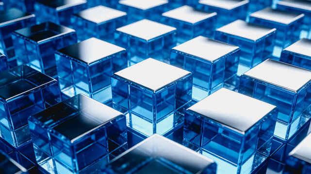 A 3D visualization of a grid of transparent blue cubic modules with metallic tops, representing modern digital or tech structures.
