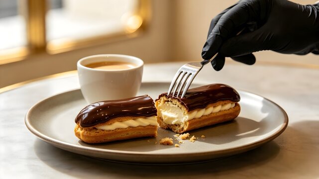 Chocolate eclair: Chocolate eclair split in half on a plate with coffee and a hand in a black glove using a fork  