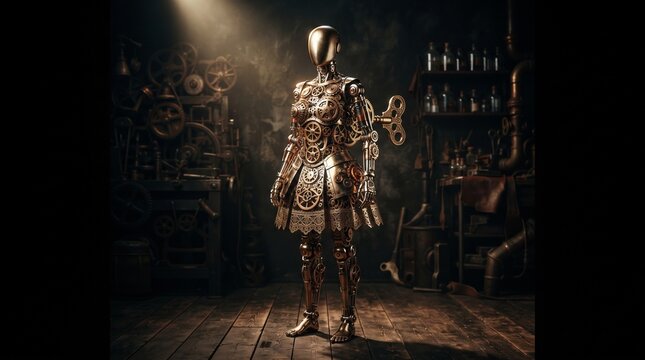 A full body wind-up doll costume made of interlocking brass gears representing the mechanical automation of historical childhood toys.