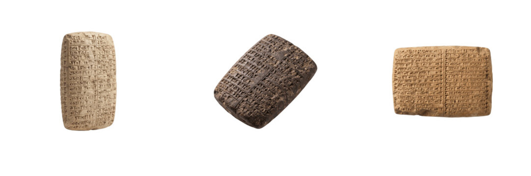 Ancient cuneiform clay tablets and inscribed Mesopotamian writing blocks isolated on transparent background set for historical design and archaeology projects