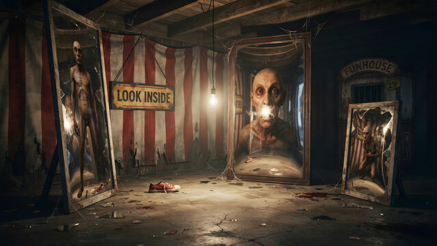 A creepy funhouse interior with large mirrors displaying distorted faces, red and white striped curtains, a single light bulb, and a red shoe