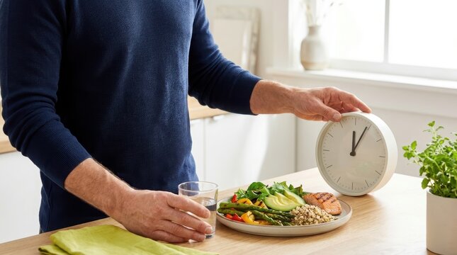 A man sets a timer beside his healthy meal on a kitchen counter.