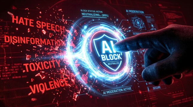 Gloved hand pressing ai block button in red interface represents artificial intelligence moderation systems preventing hate speech disinformation and toxicity.