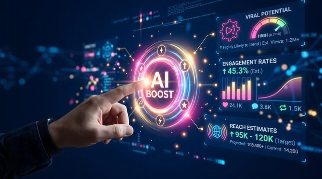 Man touching ai boost button on holographic marketing dashboard displays engagement rates and viral potential metrics for digital content strategy optimization.