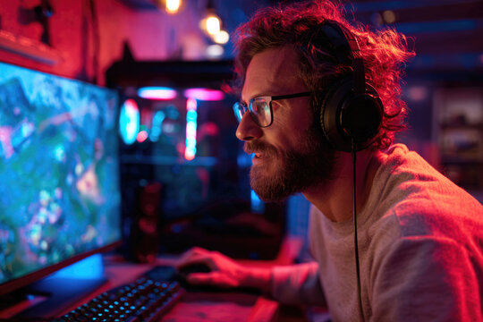 Bearded gamer wearing glasses and headphones leans toward a computer monitor while using a keyboard and mouse under bright red and blue lighting