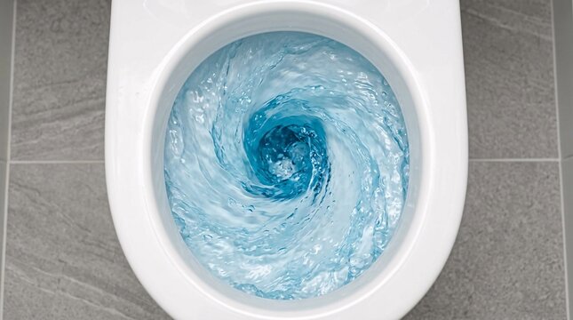 Top down view inside a modern white ceramic toilet bowl mid flush with swirling water forming a dynamic vortex, and gentle depth.