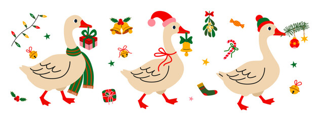 Obraz premium Festive Geese with Christmas Elements on White Background for Holiday Designs