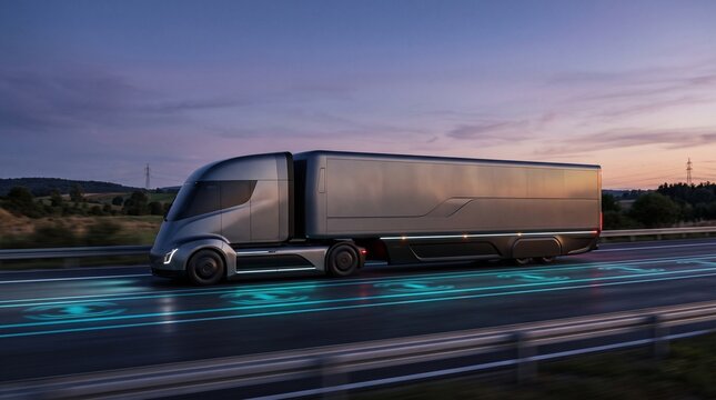 Autonomous electric semi truck driving on inductive charging highway with glowing cyan light strips
