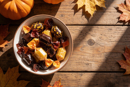 Bowl of wrapped Halloween candy on wooden table with autumn leaves