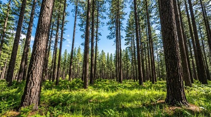 Fototapeta premium Serene pine forest with tall straight trunks reaching into a clear blue sky and bright green grass on the floor, with soft light.