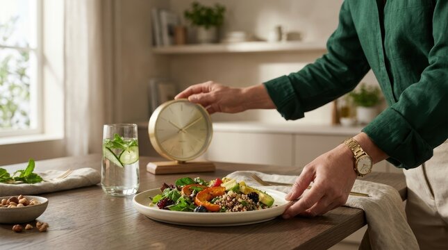 Person serving a healthy salad plate on a wooden dining table in a bright kitchen.