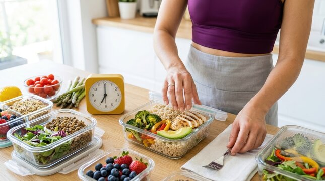 Woman prepping healthy meal containers in kitchen with timer.