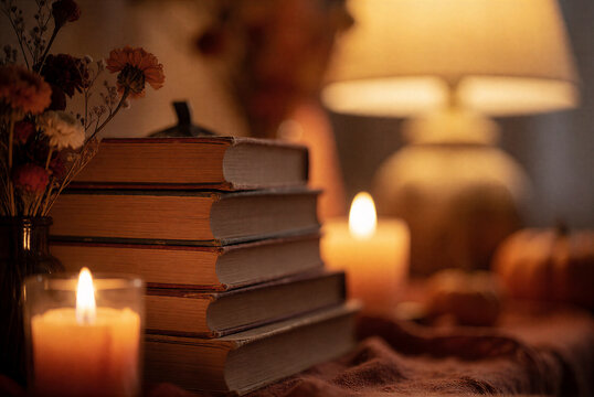 Stack of old books with candles and dried flowers in warm light