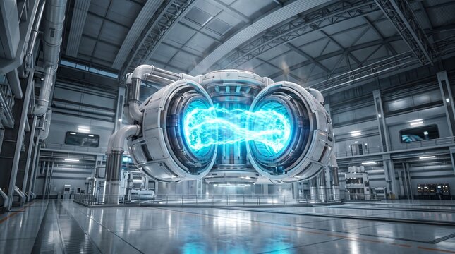 Futuristic fusion reactor core with levitating magnetic ring housing cyan plasma stream