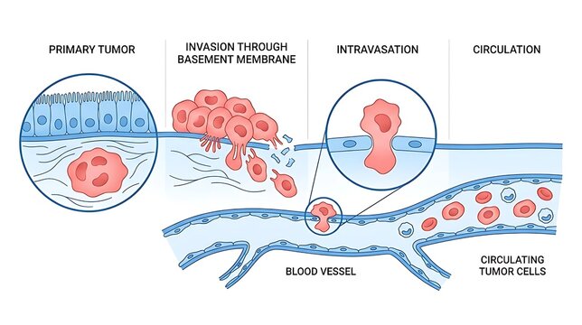Educational medical diagram of cancer metastasis steps from primary tumor to circulation in the bloodstream