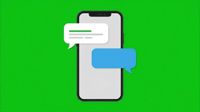Smartphone displaying text message speech bubbles on green screen chroma key background mockup