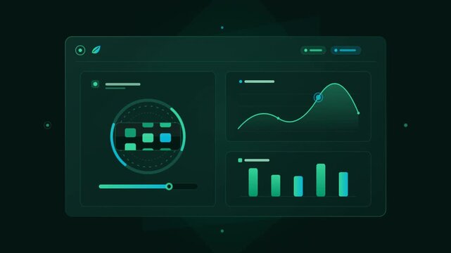 Futuristic digital dashboard interface displaying real time data graphs and tactical HUD scanners in a glowing green and dark tech environment