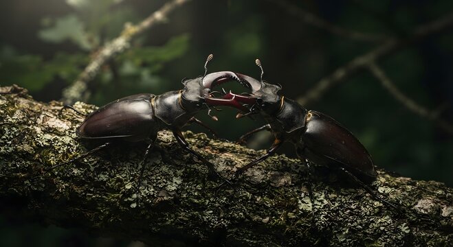 A dramatic macro photograph capturing two male stag beetles (Lucanus cervus) fiercely locked in a territorial combat, with mandibles interlocked, on a textured, moss-covered oak tree branch within a d