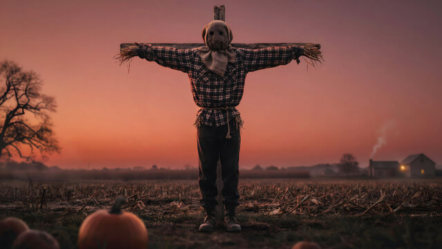 A scarecrow standing in a harvested cornfield at sunset with pumpkins on the ground and a dark orange sky over a rural farm landscape scene