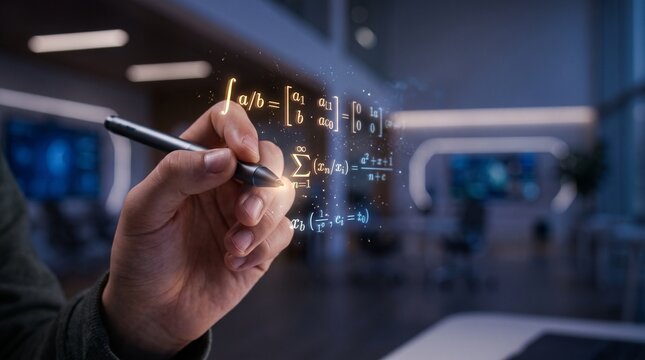 Close up of student hand using digital stylus creating glowing floating math equations