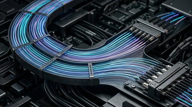 Fiber optic cable network infrastructure showing advanced high speed data transfer technology for modern server room IT hardware background