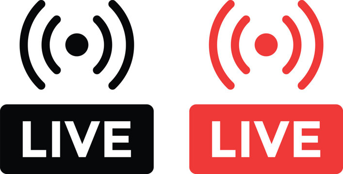 Live streaming signal vector icon set. Online broadcast, live video stream, and real-time transmission symbol. Live badge with radio wave signal in black and red color