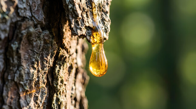 Close-up of pine tree sap drop hanging from bark in natural forest setting with natural light