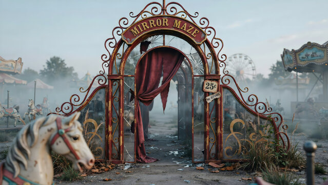 A weathered mirror maze entrance at an abandoned fairground with a red curtain and a carousel horse in a misty and atmospheric setting