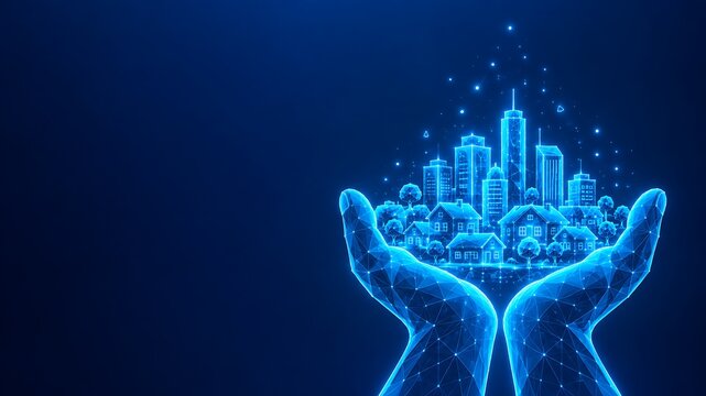 Futuristic hands holding a glowing digital city skyline representing care and sustainable development. world habitat day with caring hands human support urban planning. world habitat day