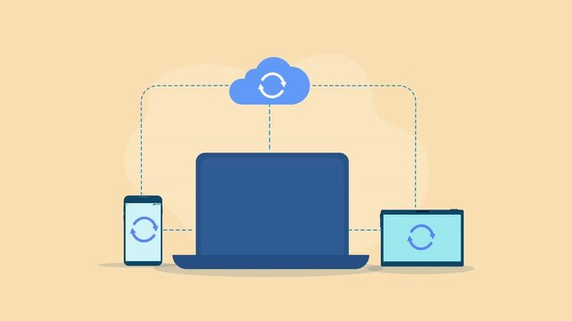 Flat vector animation showing cloud synchronization between a laptop, smartphone, and tablet, connected through a digital cloud network.