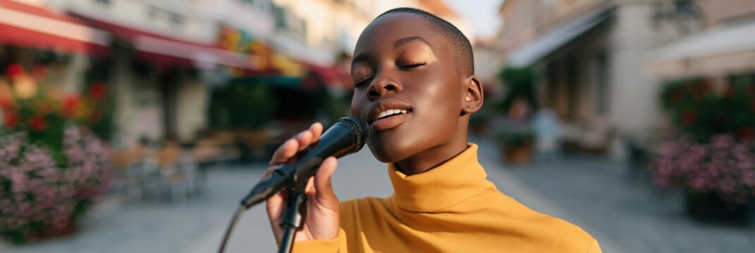 Closeup singer with microphone and closed eyes in yellow turtleneck on pedestrian street for music poster background and promotional banner design