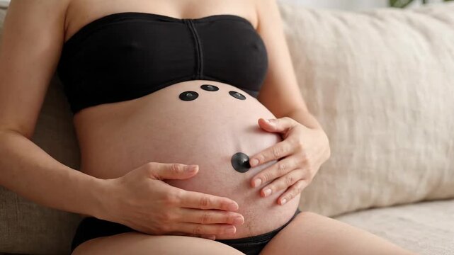 Pregnant woman touching belly with fetal monitoring sensors